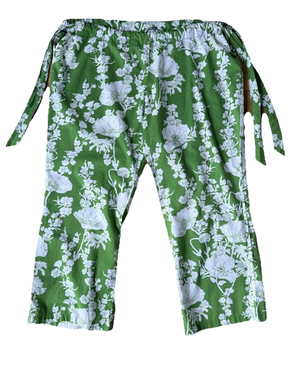 J.Crew Green & White Poppy Print Side Tie Pajama Pants Cropped Cotton Size Large